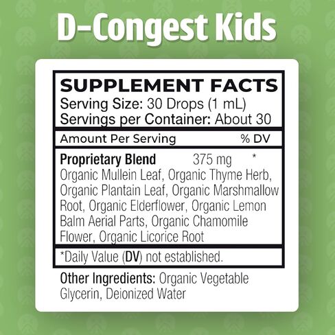 Dr. Green Mom D-Congest Kids - Organic Kids Sinus Support Drops | Drug-Free Herbal Supplement for Children's Stuffy Nose, Nasal & Respiratory Health | USDA Organic, Non-GMO in Saudi Arabia