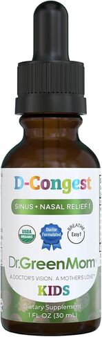 Dr. Green Mom D-Congest Kids - Organic Kids Sinus Support Drops | Drug-Free Herbal Supplement for Children's Stuffy Nose, Nasal & Respiratory Health | USDA Organic, Non-GMO in Saudi Arabia