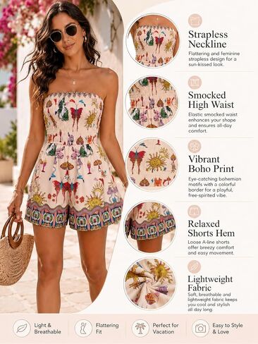 Women's Boho Strapless Romper, Bodice Printed Jumpsuit, Bohemian One Piece Short Outfit for Summer Beach Vacation Casual in Kuwait