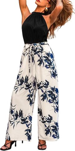 CUPSHE Women's One Piece Jumpsuits Halter Neck Sleeveless Printed Casual Overalls Wide Leg Long Pant Vacation Outfits in Kuwait