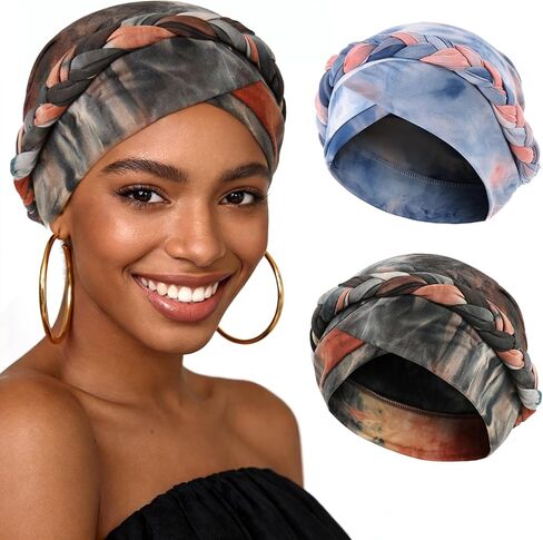 XEPST 2 Pieces African Turbans Pre-Tied Twisted Braid Head Wraps for Women, Tie-dye Style Head Scarf Hair Wraps Cover Cancer Cap Chemo Headwear for Women Colorful in Kuwait