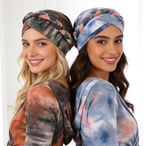 XEPST 2 Pieces African Turbans Pre-Tied Twisted Braid Head Wraps for Women, Tie-dye Style Head Scarf Hair Wraps Cover Cancer Cap Chemo Headwear for Women Colorful in Kuwait