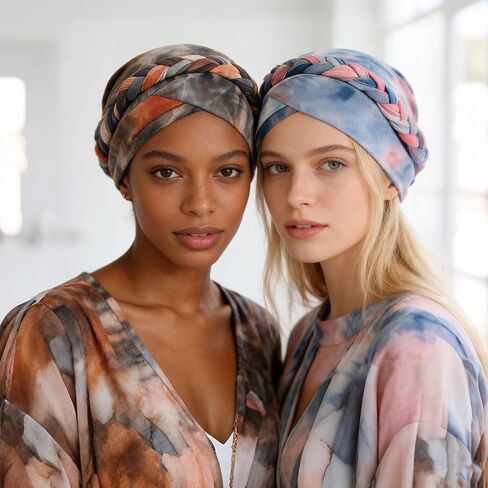 XEPST 2 Pieces African Turbans Pre-Tied Twisted Braid Head Wraps for Women, Tie-dye Style Head Scarf Hair Wraps Cover Cancer Cap Chemo Headwear for Women Colorful in Kuwait