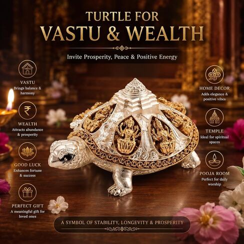 DHRUVS COLLECTION 24k Gold & 999 Silver Plated Tortoise, Turtle for Vastu, Wealth, Home Decor, Temple, Pooja Room, Good Luck Gift - 7.5 x 3.75 x 4.5 cm in Saudi Arabia