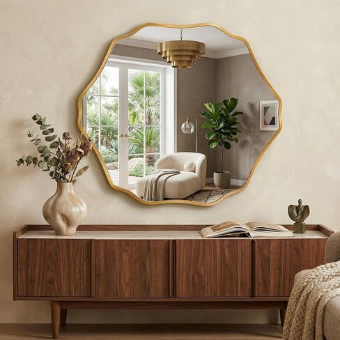 Irregular Hexagon Wall Mirror with Wavy Edge, Modern Decorative Mirror for Bathroom, Bedroom, Living Room, Frameless Vanity Mirror (Gold, 35" L x 32" W) in Saudi Arabia