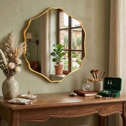 Irregular Hexagon Wall Mirror with Wavy Edge, Modern Decorative Mirror for Bathroom, Bedroom, Living Room, Frameless Vanity Mirror (Gold, 35" L x 32" W) in Saudi Arabia