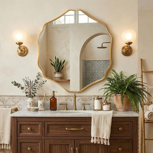 Irregular Hexagon Wall Mirror with Wavy Edge, Modern Decorative Mirror for Bathroom, Bedroom, Living Room, Frameless Vanity Mirror (Gold, 35" L x 32" W) in Saudi Arabia