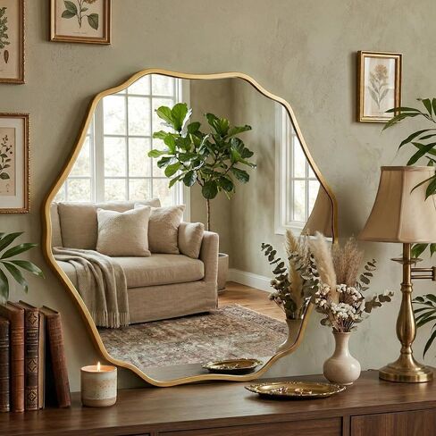 Irregular Hexagon Wall Mirror with Wavy Edge, Modern Decorative Mirror for Bathroom, Bedroom, Living Room, Frameless Vanity Mirror (Gold, 35" L x 32" W) in Saudi Arabia