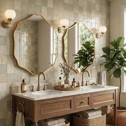 Irregular Hexagon Wall Mirror with Wavy Edge, Modern Decorative Mirror for Bathroom, Bedroom, Living Room, Frameless Vanity Mirror (Gold, 35" L x 32" W) in Saudi Arabia