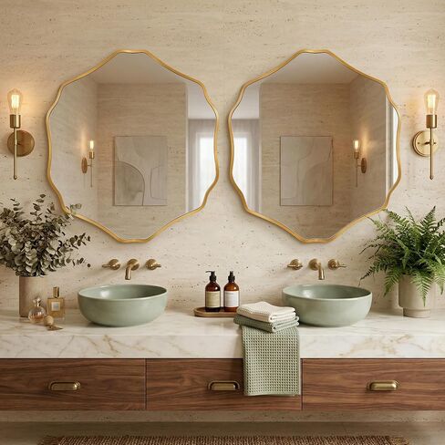 Irregular Hexagon Wall Mirror with Wavy Edge, Modern Decorative Mirror for Bathroom, Bedroom, Living Room, Frameless Vanity Mirror (Gold, 35" L x 32" W) in Saudi Arabia