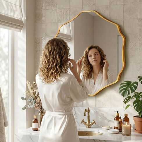 Irregular Hexagon Wall Mirror with Wavy Edge, Modern Decorative Mirror for Bathroom, Bedroom, Living Room, Frameless Vanity Mirror (Gold, 35" L x 32" W) in Saudi Arabia