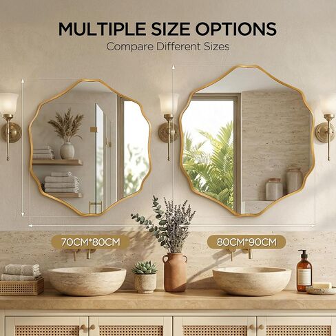 Irregular Hexagon Wall Mirror with Wavy Edge, Modern Decorative Mirror for Bathroom, Bedroom, Living Room, Frameless Vanity Mirror (Gold, 35" L x 32" W) in Saudi Arabia