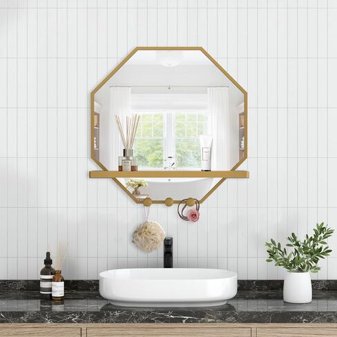 BEAUTME Wall Mirror with Shelf and Hooks, 32x22 Inch Metal Framed Round Bathroom Mirrors with Shelf, Modern Farmhouse Wall Decor for Living Room Bedroom Entryway, Vertical (White) in Saudi Arabia