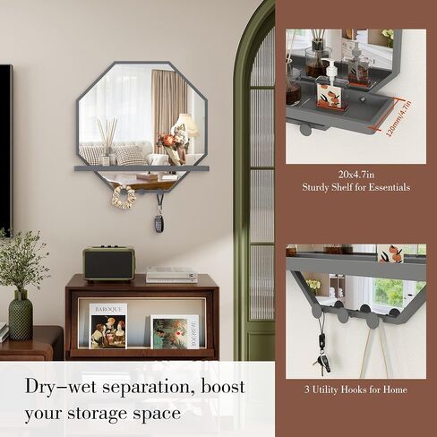 BEAUTME Wall Mirror with Shelf and Hooks, 32x22 Inch Metal Framed Round Bathroom Mirrors with Shelf, Modern Farmhouse Wall Decor for Living Room Bedroom Entryway, Vertical (White) in Saudi Arabia