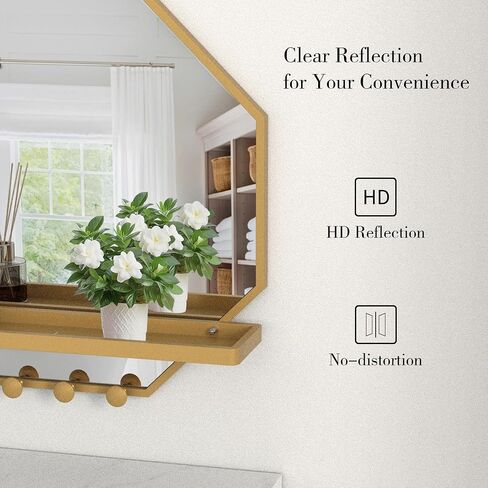 BEAUTME Wall Mirror with Shelf and Hooks, 32x22 Inch Metal Framed Round Bathroom Mirrors with Shelf, Modern Farmhouse Wall Decor for Living Room Bedroom Entryway, Vertical (White) in Saudi Arabia
