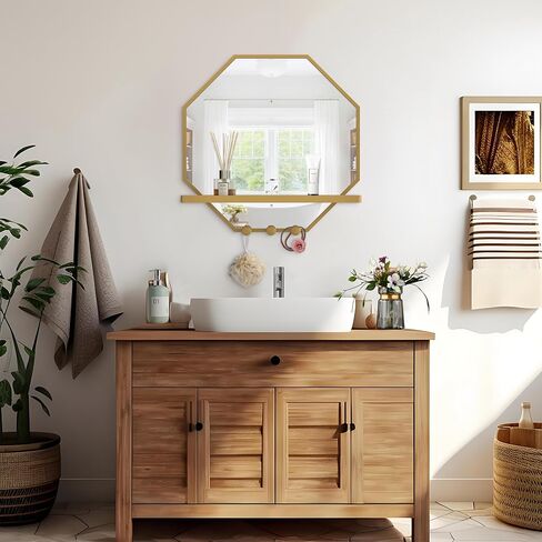 BEAUTME Wall Mirror with Shelf and Hooks, 32x22 Inch Metal Framed Round Bathroom Mirrors with Shelf, Modern Farmhouse Wall Decor for Living Room Bedroom Entryway, Vertical (White) in Saudi Arabia