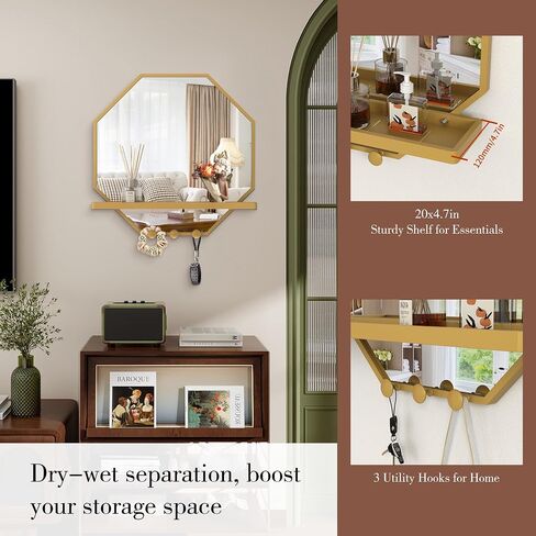 BEAUTME Wall Mirror with Shelf and Hooks, 32x22 Inch Metal Framed Round Bathroom Mirrors with Shelf, Modern Farmhouse Wall Decor for Living Room Bedroom Entryway, Vertical (White) in Saudi Arabia