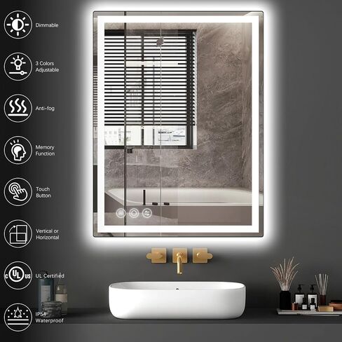 Memobarco Bathroom Mirror, 28"x 36" LED Mirrors with Anti-Fog, Stepless 3 Colors Temperature & Dimmable, Memory Tempered Glass Bathroom Mirrors for Over Sink, Vanity Mirror with Lights in Saudi Arabia