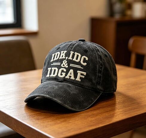 Vintage Washed IDK IDC & IDGAF Embroidered Baseball Cap - Adjustable Breathable Cotton Funny Attitude Hat for Men & Women, Casual Dad Hat for Outdoor & Daily Wear Black in Kuwait