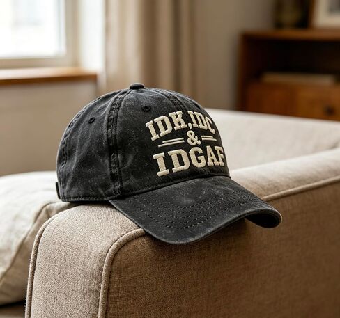 Vintage Washed IDK IDC & IDGAF Embroidered Baseball Cap - Adjustable Breathable Cotton Funny Attitude Hat for Men & Women, Casual Dad Hat for Outdoor & Daily Wear Black in Kuwait