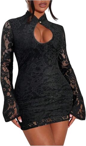 GORGLITTER Women's Mesh Long Sleeves Mini Dress Y2K Sexy Lace Halter Neck Club Night Out Dinner Birthday Party Dresses in Kuwait
