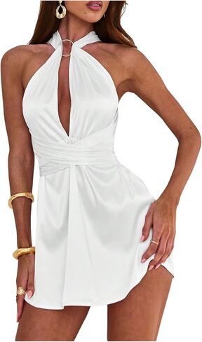 SweatyRocks Women's Sexy Criss Cross Deep V Neck Backless Halter Mini Dress Sleeveless A Line Short Dresses in Kuwait