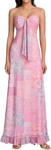 KUTUMAI Strapless Floral Maxi Dress Elegant Tube Mesh Bodycon Ruffle Long Beach Wedding Guest Dresses for Women Summer in Kuwait