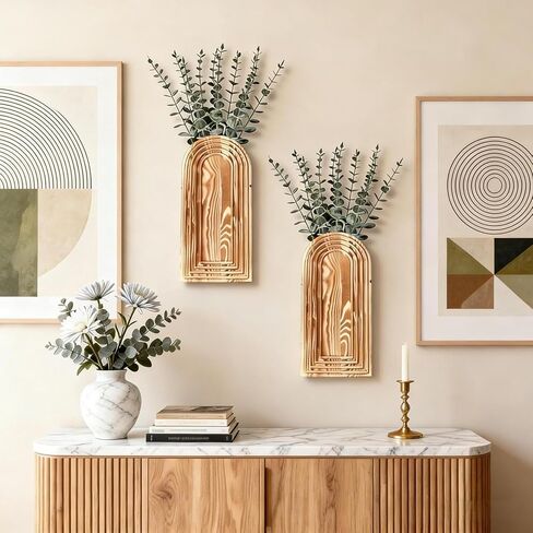 2 Pack Wooden Wall Vase Set, Hanging Planter For Indoor Plants & Flowers, Brown Finish Modern Farmhouse & Wall Decor For Entryway For Living Room Bedroom Bathroom Patio in Saudi Arabia