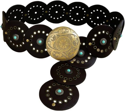 38.35 x 3.54 Inch Vintage Disc Waist Belts Wide PU Leather Wasitband Hollow Boho Western in Saudi Arabia