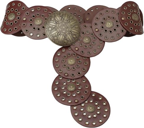 38.35 x 3.54 Inch Vintage Disc Waist Belts Wide PU Leather Wasitband Hollow Boho Western in Kuwait