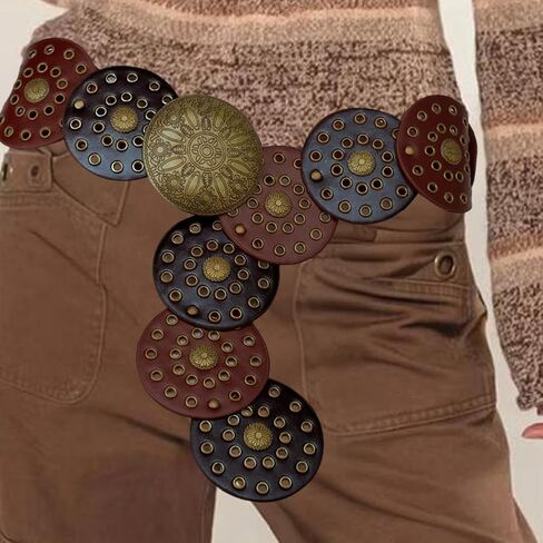 38.35 x 3.54 Inch Vintage Disc Waist Belts Wide PU Leather Wasitband Hollow Boho Western in Kuwait