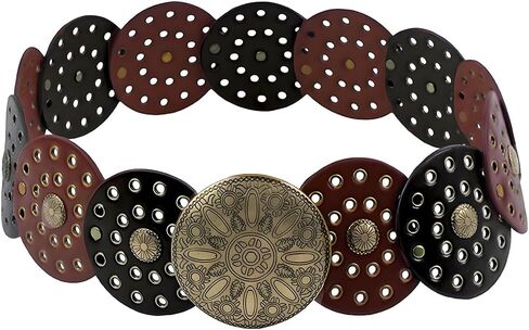 38.35 x 3.54 Inch Vintage Disc Waist Belts Wide PU Leather Wasitband Hollow Boho Western in Kuwait