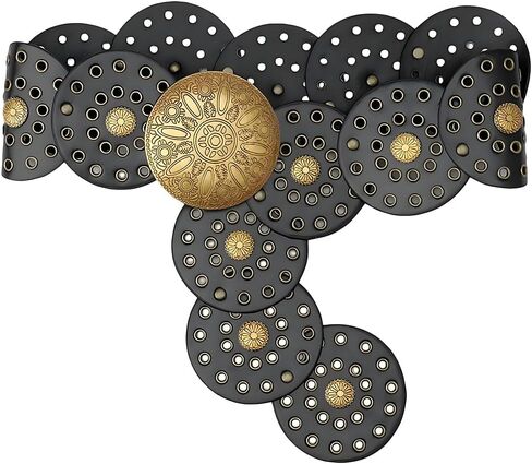 38.35 x 3.54 Inch Vintage Disc Waist Belts Wide PU Leather Wasitband Hollow Boho Western in Kuwait