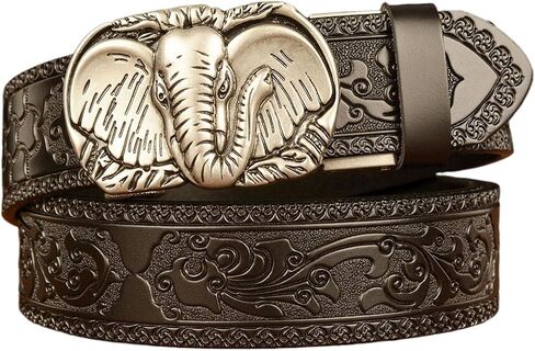 Belt Men Ratchet, Western Cowboy Leather Belts for Men with Elephant Head Alloy Buckle Embossed Belt in Saudi Arabia