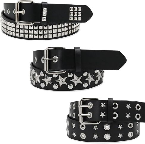 3 Pcs Studded Belt for Women Men, Star Punk Rock Y2K Belt with Bright Metal Pyramid Studs and Grommet Threads, Adjustable Double Row Rivet Belts for Casual Party and Streetwear Goth Accessories in Saudi Arabia