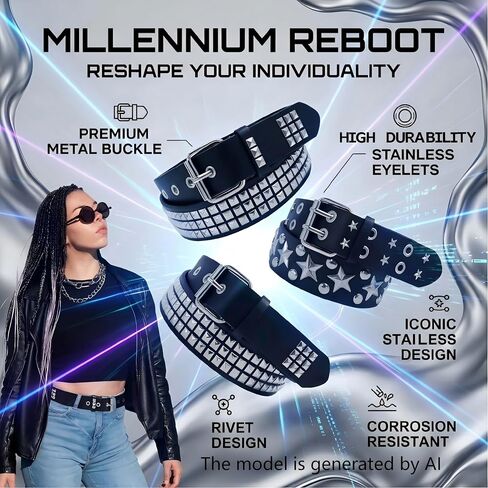 3 Pcs Studded Belt for Women Men, Star Punk Rock Y2K Belt with Bright Metal Pyramid Studs and Grommet Threads, Adjustable Double Row Rivet Belts for Casual Party and Streetwear Goth Accessories in Saudi Arabia