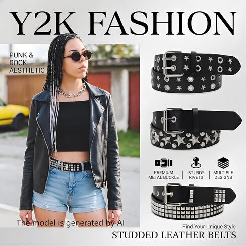 3 Pcs Studded Belt for Women Men, Star Punk Rock Y2K Belt with Bright Metal Pyramid Studs and Grommet Threads, Adjustable Double Row Rivet Belts for Casual Party and Streetwear Goth Accessories in Saudi Arabia