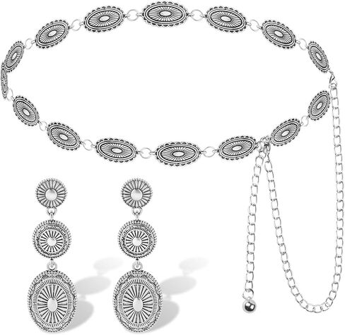 Western Belts for Woman, Waist Chain Belt Set with Western Earrings Boho Concho Belt Silver Cowgirl Belt for Women Dresses Jeans Country Concert Outfit in Saudi Arabia