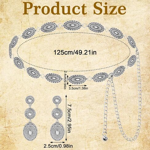 Western Belts for Woman, Waist Chain Belt Set with Western Earrings Boho Concho Belt Silver Cowgirl Belt for Women Dresses Jeans Country Concert Outfit in Saudi Arabia