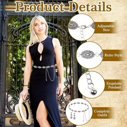 Western Belts for Woman, Waist Chain Belt Set with Western Earrings Boho Concho Belt Silver Cowgirl Belt for Women Dresses Jeans Country Concert Outfit in Saudi Arabia