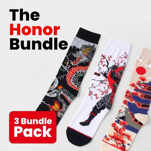 حزمة PYVOT Artist Series Honor Bundle مكونة من 3 قطع، جوارب طاقم الثقافة اليابانية الممتازة للرجال والنساء، رونين ساموراي، أنماط Pagoda Zen & Kraken Wave، قطن ممشط ماص للرطوبة، وسادة ثقيلة، 3 أزواج in Kuwait