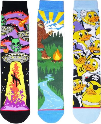 PYVOT Artist Series Creature Pack 3-Pack, Premium Mythical and Sci-Fi Crew Socks for Men and Women, Alien Invaders, Bigfoot Trails and Wotto Artist Designs, Combed Cotton, Heavy Cushion, 3 Pairs in Kuwait