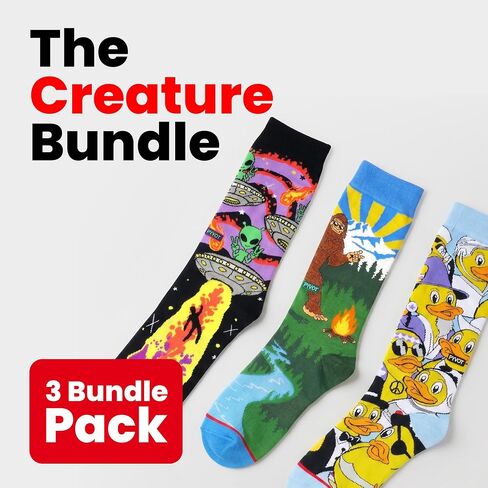 PYVOT Artist Series Creature Pack 3-Pack, Premium Mythical and Sci-Fi Crew Socks for Men and Women, Alien Invaders, Bigfoot Trails and Wotto Artist Designs, Combed Cotton, Heavy Cushion, 3 Pairs in Kuwait
