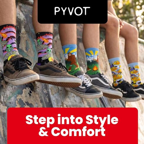 PYVOT Artist Series Creature Pack 3-Pack, Premium Mythical and Sci-Fi Crew Socks for Men and Women, Alien Invaders, Bigfoot Trails and Wotto Artist Designs, Combed Cotton, Heavy Cushion, 3 Pairs in Kuwait