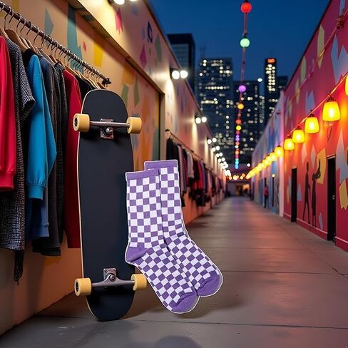 Purple Fashion Harajuku Trends Women Checkerboard Socks Geometric Checkered Socks Men Hip Hop Cotton Unisex Print Skateboard in Saudi Arabia
