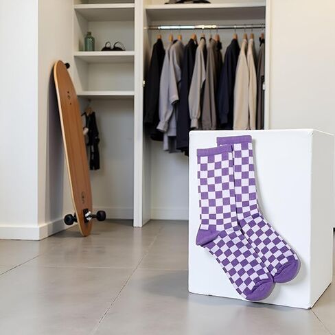 Purple Fashion Harajuku Trends Women Checkerboard Socks Geometric Checkered Socks Men Hip Hop Cotton Unisex Print Skateboard in Saudi Arabia