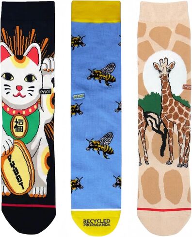 PYVOT Artist Series Animal Bundle 3-Pack, Premium Wildlife Lifestyle Crew Socks for Men and Women, Owly Night Sky, Turtle Tide Ocean and Spotty Giraffe Patterns, Combed Cotton, Heavy Cushion, 3 Pairs in Kuwait