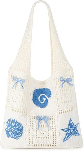Abbylike Gift Bag Crochet Beach Bag Coquette Coastal Knitted Tote Blue Bow Mesh Boho Cute Tote for Women Girls in Kuwait