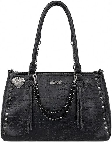 Ed Hardy Embossed Logo Tote Shoulder Bag with Studded Sides & Beaded Chain Accent, Large Zip Top Purse for Women, 15x9 in (Midnight Rebel Black) in Saudi Arabia