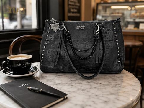 Ed Hardy Embossed Logo Tote Shoulder Bag with Studded Sides & Beaded Chain Accent, Large Zip Top Purse for Women, 15x9 in (Midnight Rebel Black) in Saudi Arabia